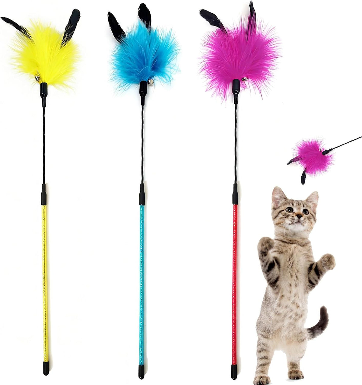 Cat Wand Toys, 3 PCS Interactive Feather Wands Colorful Cat Teaser Wand – Essentials for Cats - B