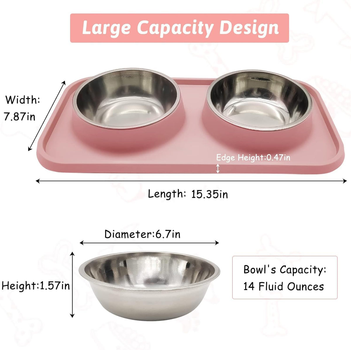 BNOSDM Double Dog Food Bowls Stainless Steel Dog Food and Water Bowls - Pink - image 2