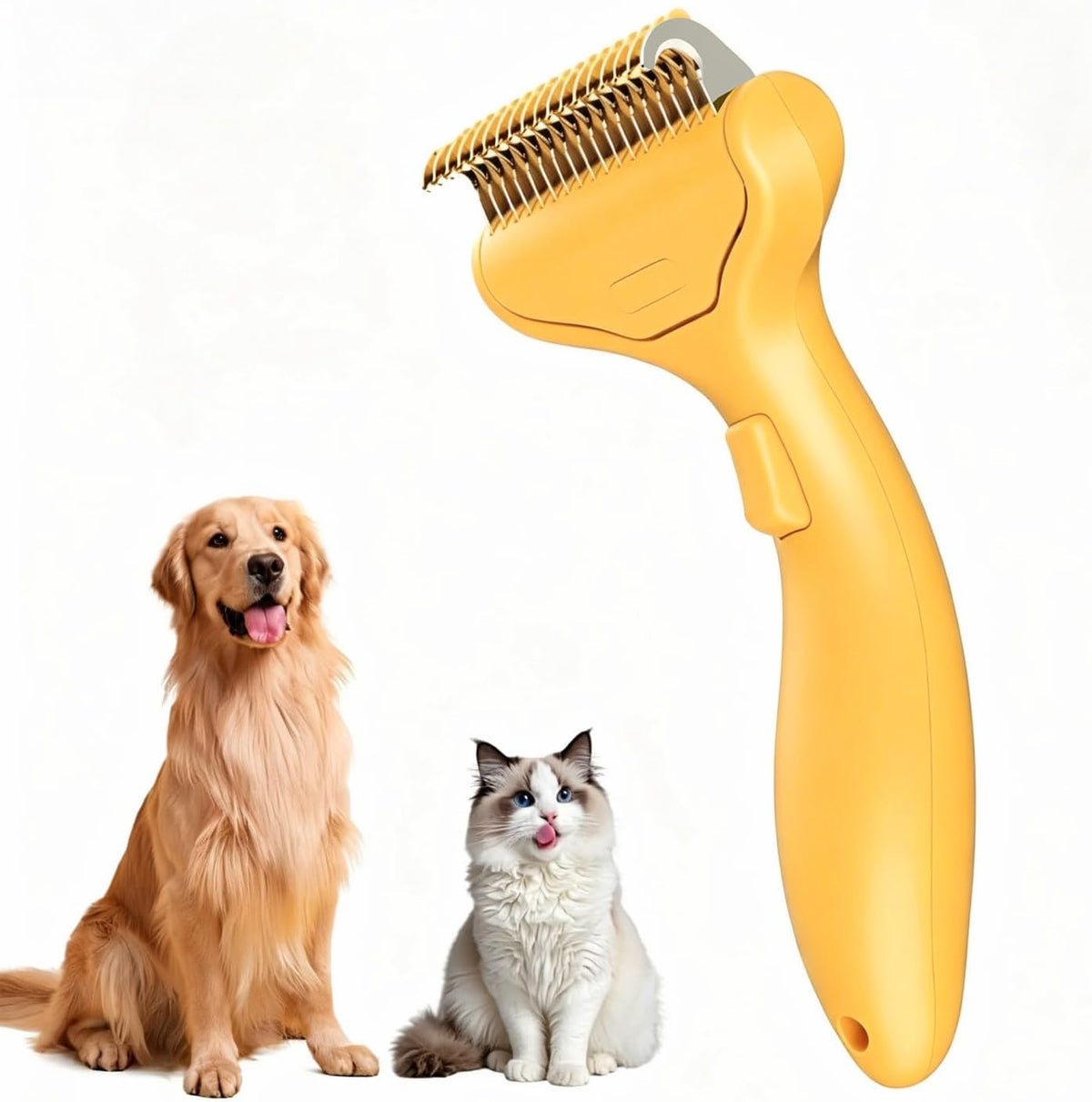Undercoat Rake for Dogs & Cats, Self‑Clean Deshedding Brush - Yellow