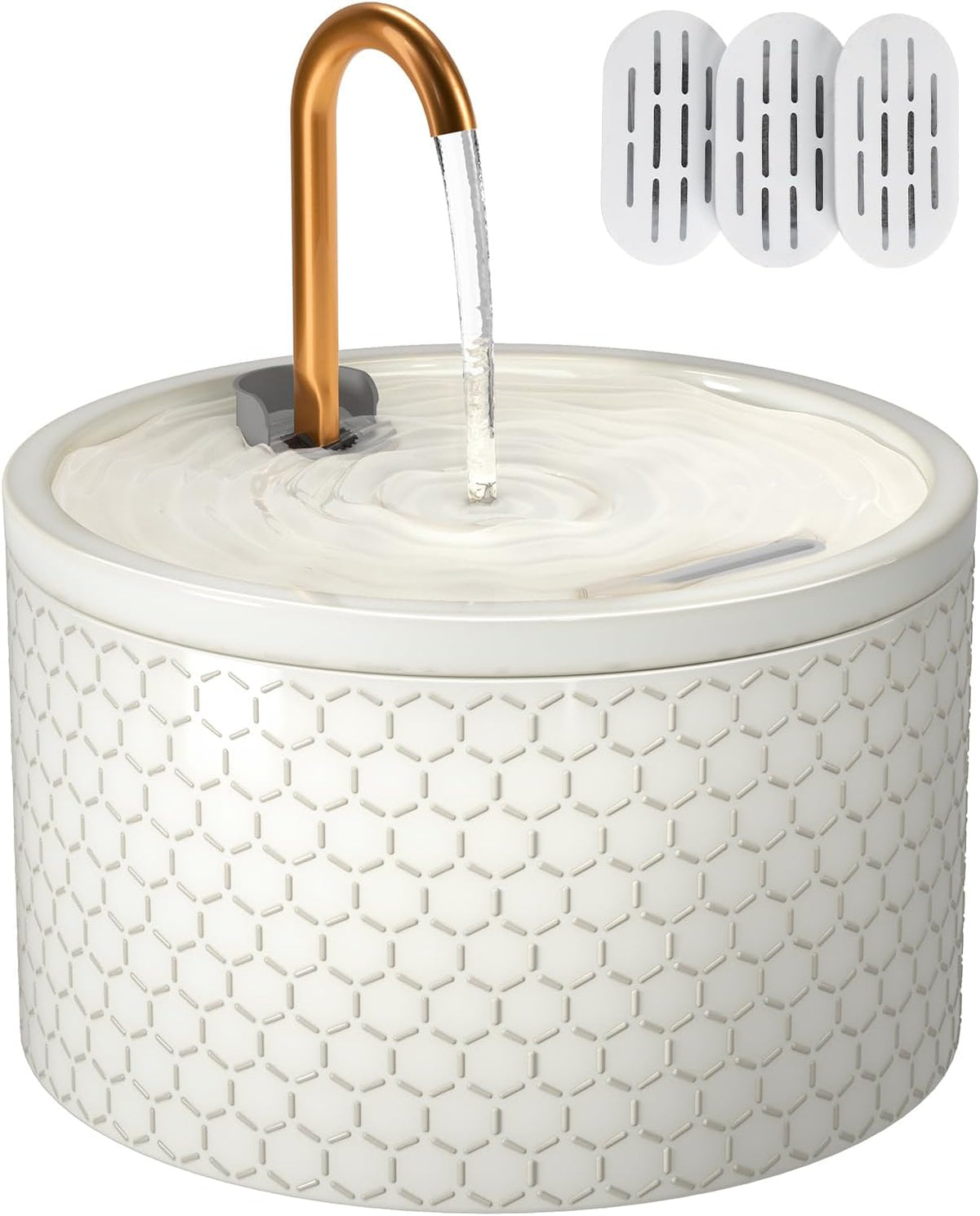 Ceramic Cat Water Fountain, All-Ceramic Body, Pure Copper Spout – Essentials for Cats - Honeycomb Embossed Cat Fountain + 3 Filters + 3 Sponges