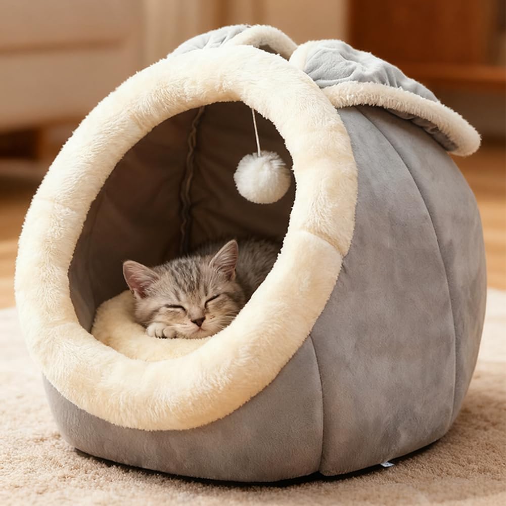 Cat Beds for Indoor Cats-Rabbit-Shaped Cat Cave Bed with Hanging Toy - Rabbite Gray / Rabbite / XL - image 2