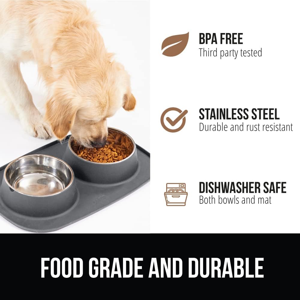 GORILLA GRIP Dog Bowl Set with Feeding Mat - Gray / 2 Cup Bowls - image 2