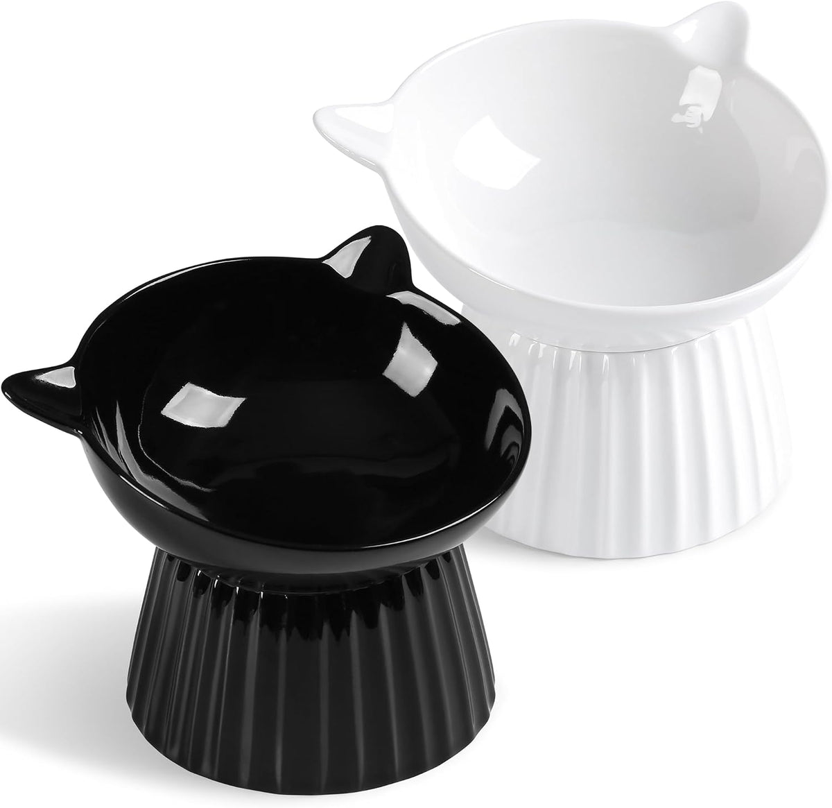 Ceramic Raised Cat Bowl，Tilted Raised Cat Bowl Anti Vomit Cat Bowls - White+Black