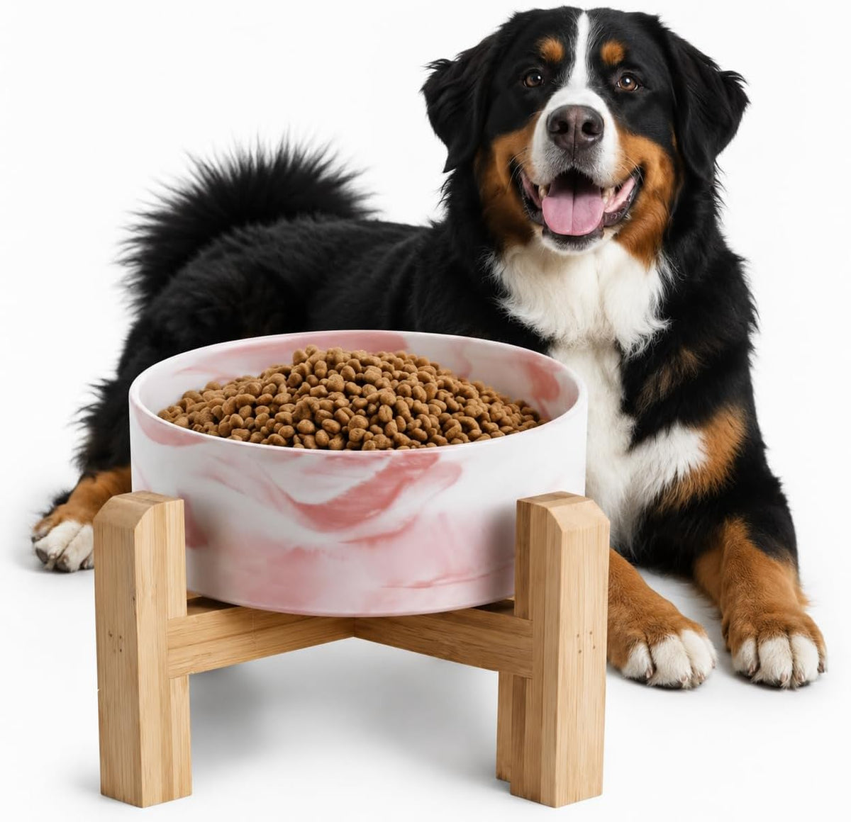 Elevated/Raised Ceramic Dog Bowl with Bamboo Stand，6 Inch 3.6 Cups - Marble Pink / Large