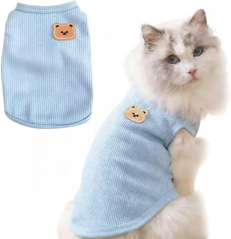 Waffle Knit Cat T Shirt, Puppy Shirt for Sphynx Cats - Blue / Large(7.6-12lb)