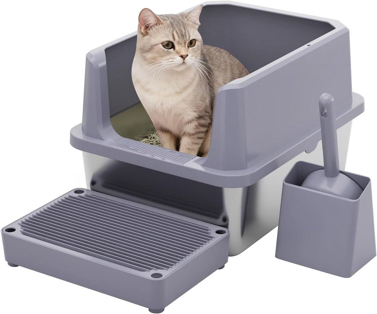 RIZZARI Stainless Steel Litter Box: High Sides for Kittens & Small - Gray