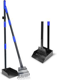 Pooper Scooper, Dog Pooper Scooper Tray and Rake Set with Adjustable Stainless Steel Long Handle for Large Medium Small Dogs (Blue)