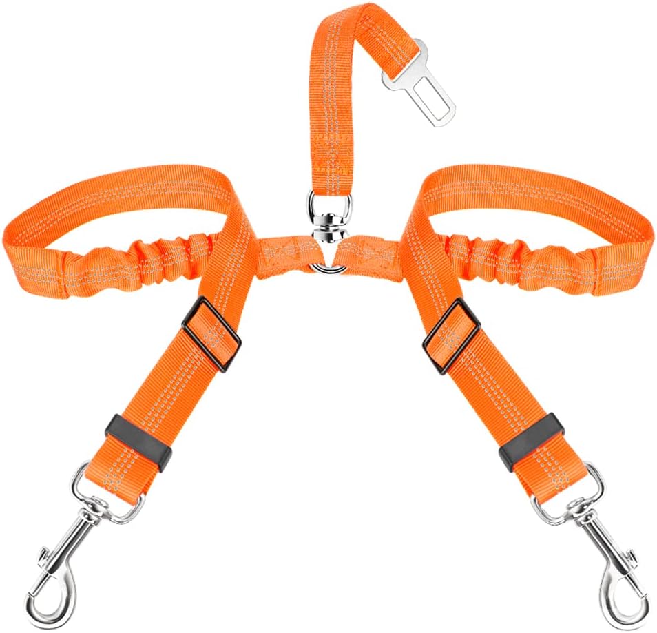 SlowTon Double Dog Seat Belt for Car with Elastic Bungee Buffer - J.Orange / 2 Small in 1