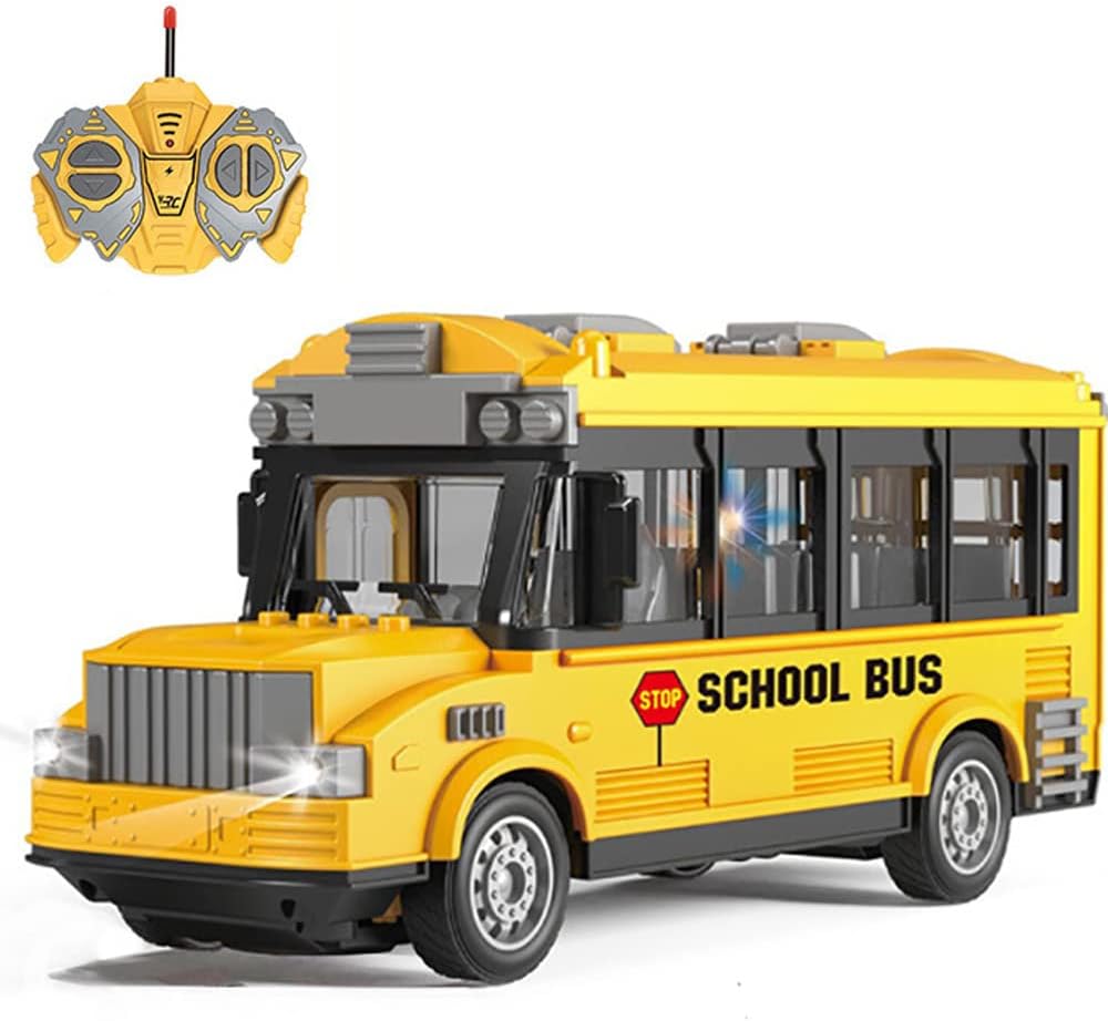 KNACKTOYZ remote control school bus toy with LED headlights and opening doors