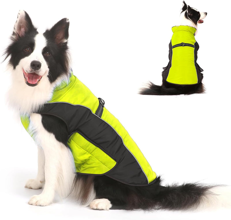 Gimilife Dog Coat, Waterproof Reflective Warm Dog Jacket Clothes for Winter – Essentials for Dogs - Fluorescent Yellow / 2XL ( 70+ LB | 23.62"Neck Girth )