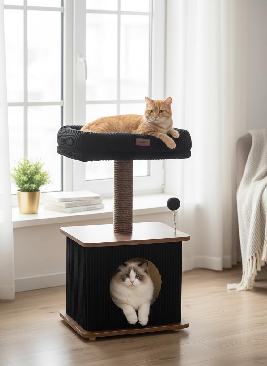 29" Small Cat Tree, Boho Wood Cat Tower with Sisal Scratching Post – Essentials for Cats - Walnut Finish / Small - image 3