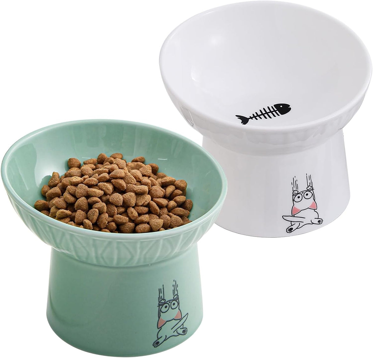 6.5 Inch Extra Wide Ceramic Raised Cat Bowl Set - White & Green