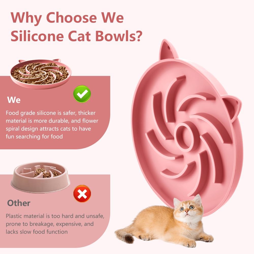 2Pcs Silicone Slow Feeder Cat Bowl, Puzzle Feeder - Grey / Pink - image 2