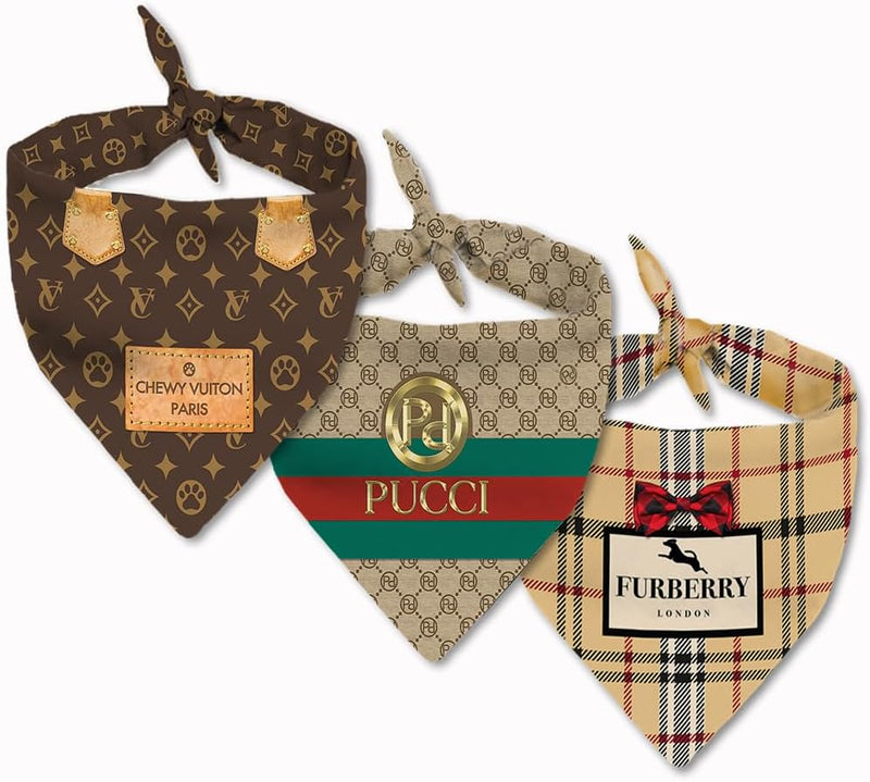 Chewy Vuiton Dog Bandana Designer Fashion Scarf Kerchief – Essentials for Dogs - Large / 3 Pack