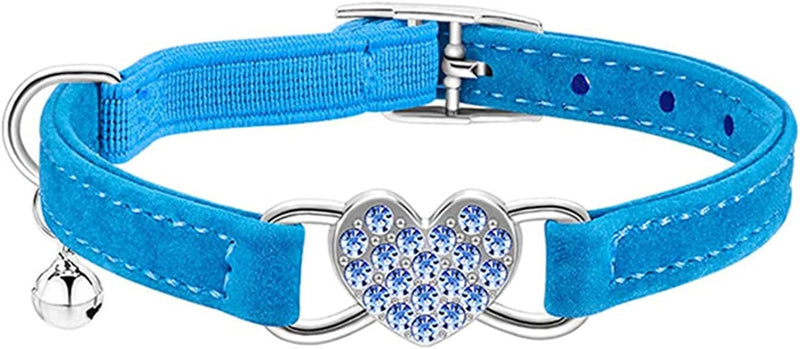 Heart Bling Cat Collar with Safety Belt and Bell 8-10 inches – Essentials for Cats - Blue