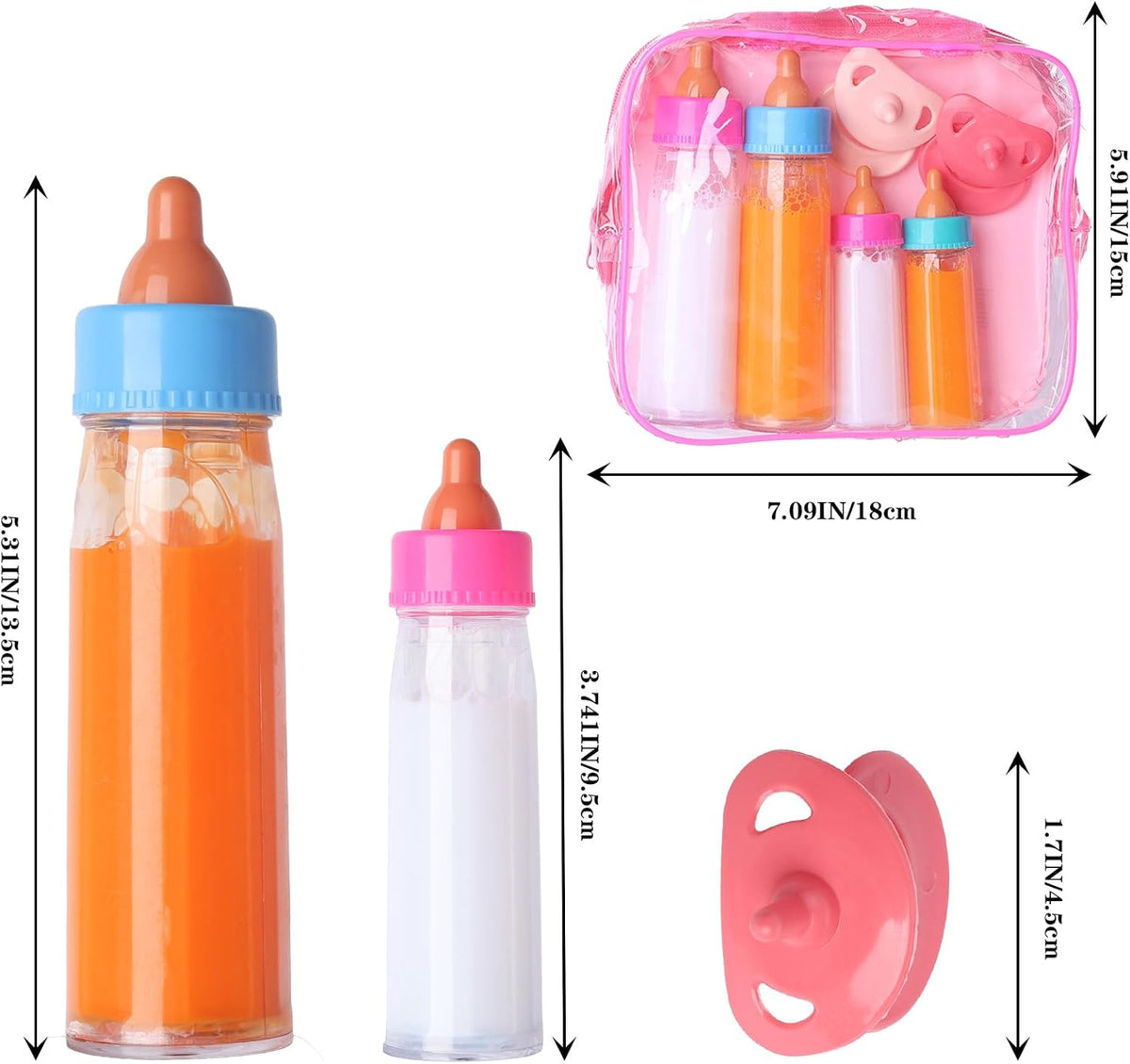 Beem Jun pink baby doll bottles and pacifiers set in a clear zippered bag - view 6