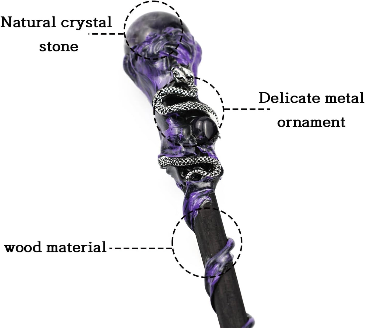Bubbmi rhinestone witch magic wand in Snakepurple with solid wood body and metal accents - view 27