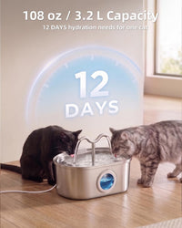 3.2L/108oz Stainless Steel Cat Water Fountain Pet Fountain – Essentials for Cats - Fountain+3 Filters +3 Sponges - image 2