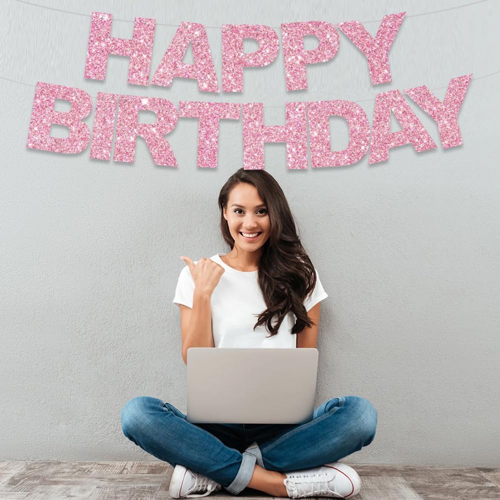 BEISHIDA Pre-Strung Glitter Pink Happy Birthday Banner Party Sign - pink #2 - image 3