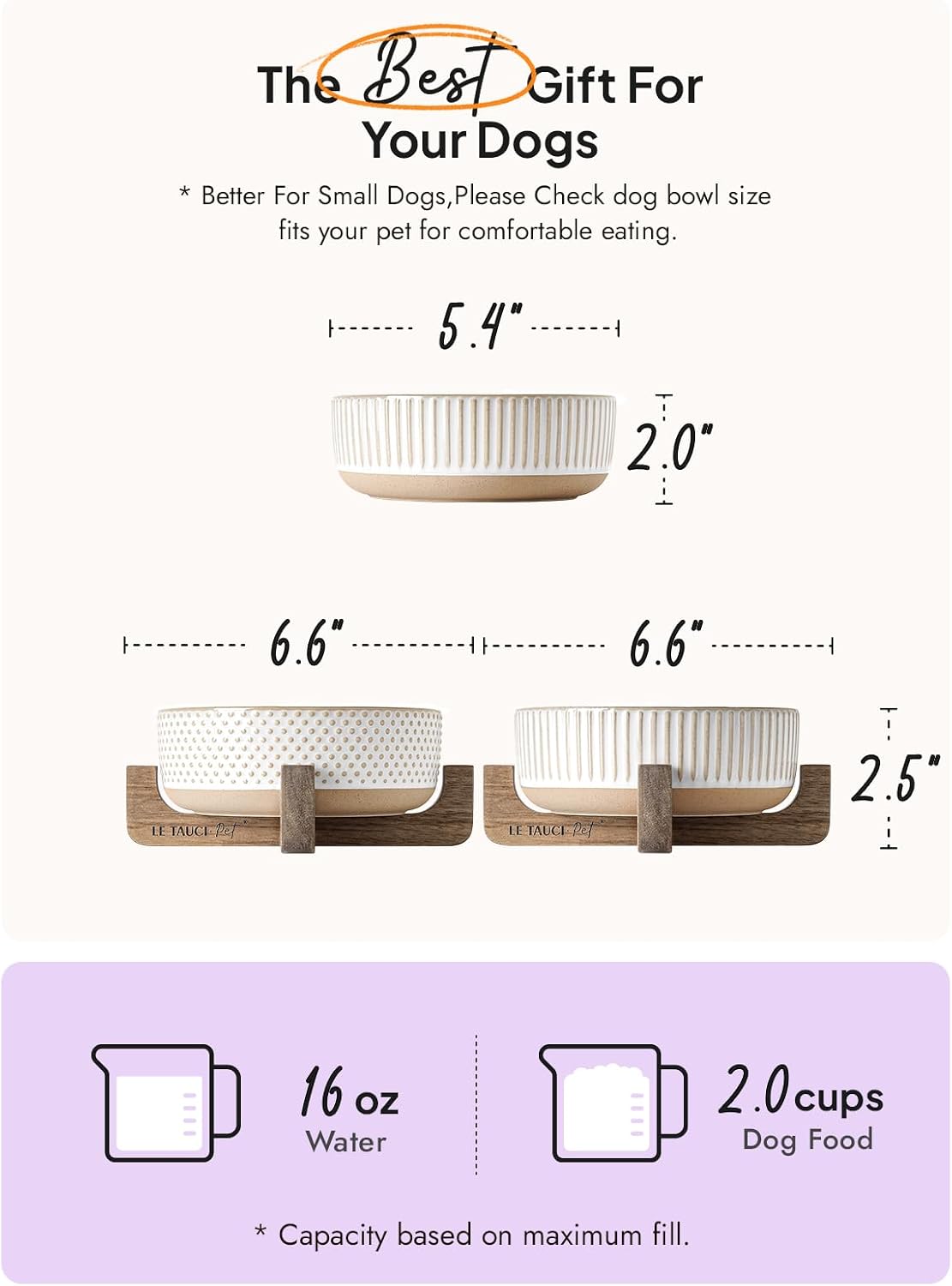 Ceramic Dog and Cat Bowl Set with Acacia Wood Stand - S-2 Cups / Lines+Dot - image 3