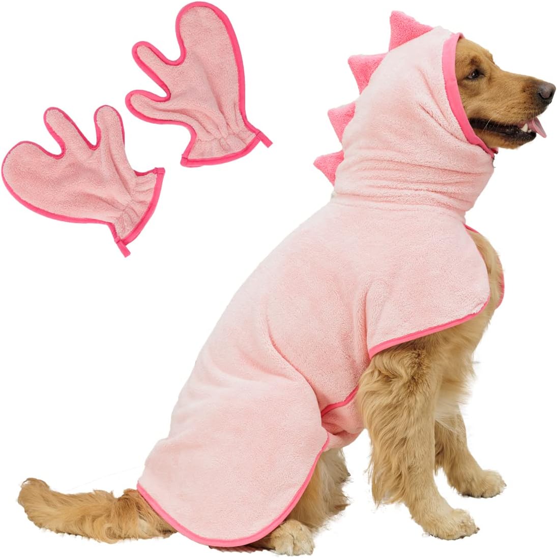 Pawyee Super Soft Fast-Drying Dog Towel with Drying Gloves for Cold - X-Large / Pink Dino