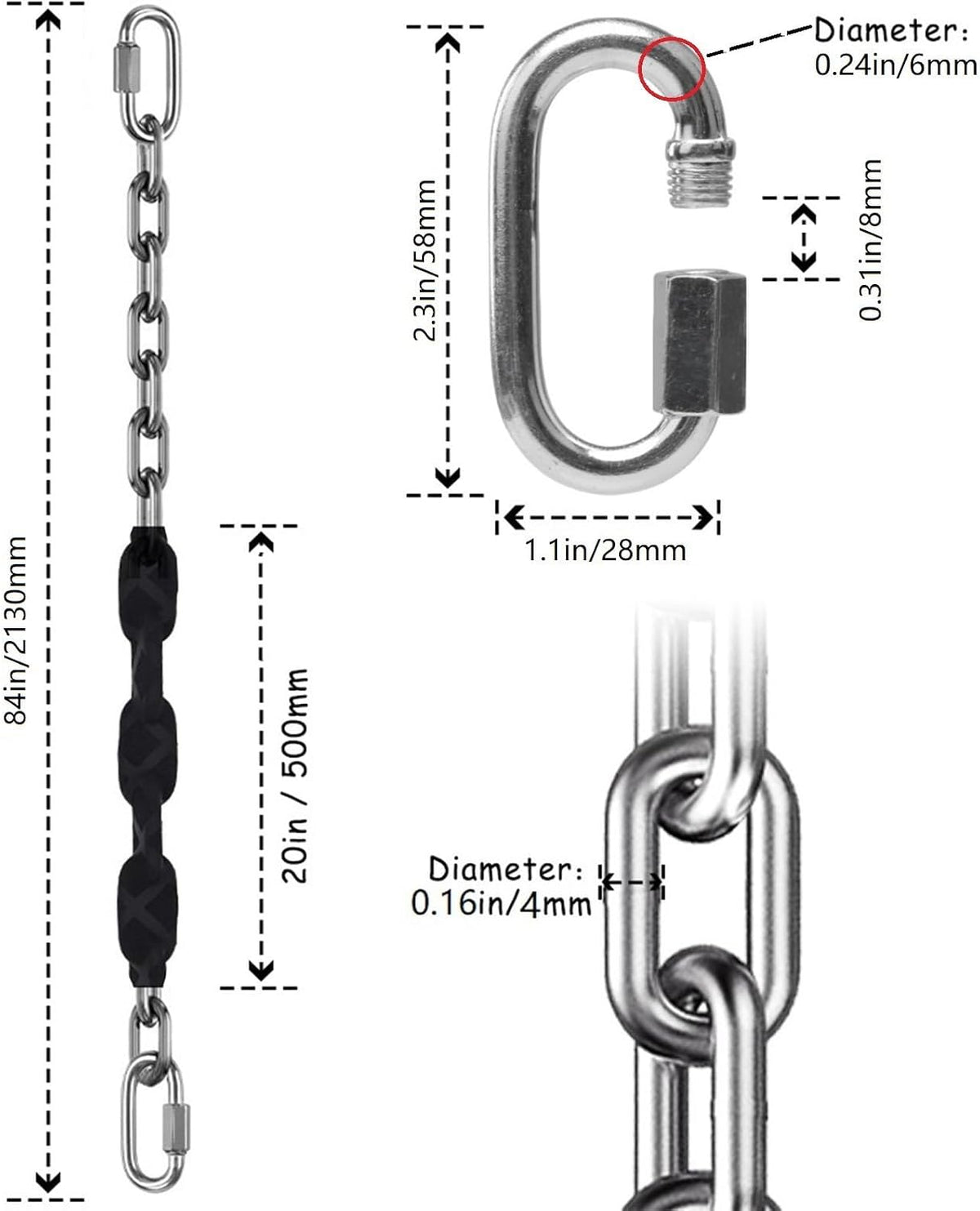 Dakzhou 84 inch stainless steel swing chains with grip sleeves and quick connection buckles - view 8