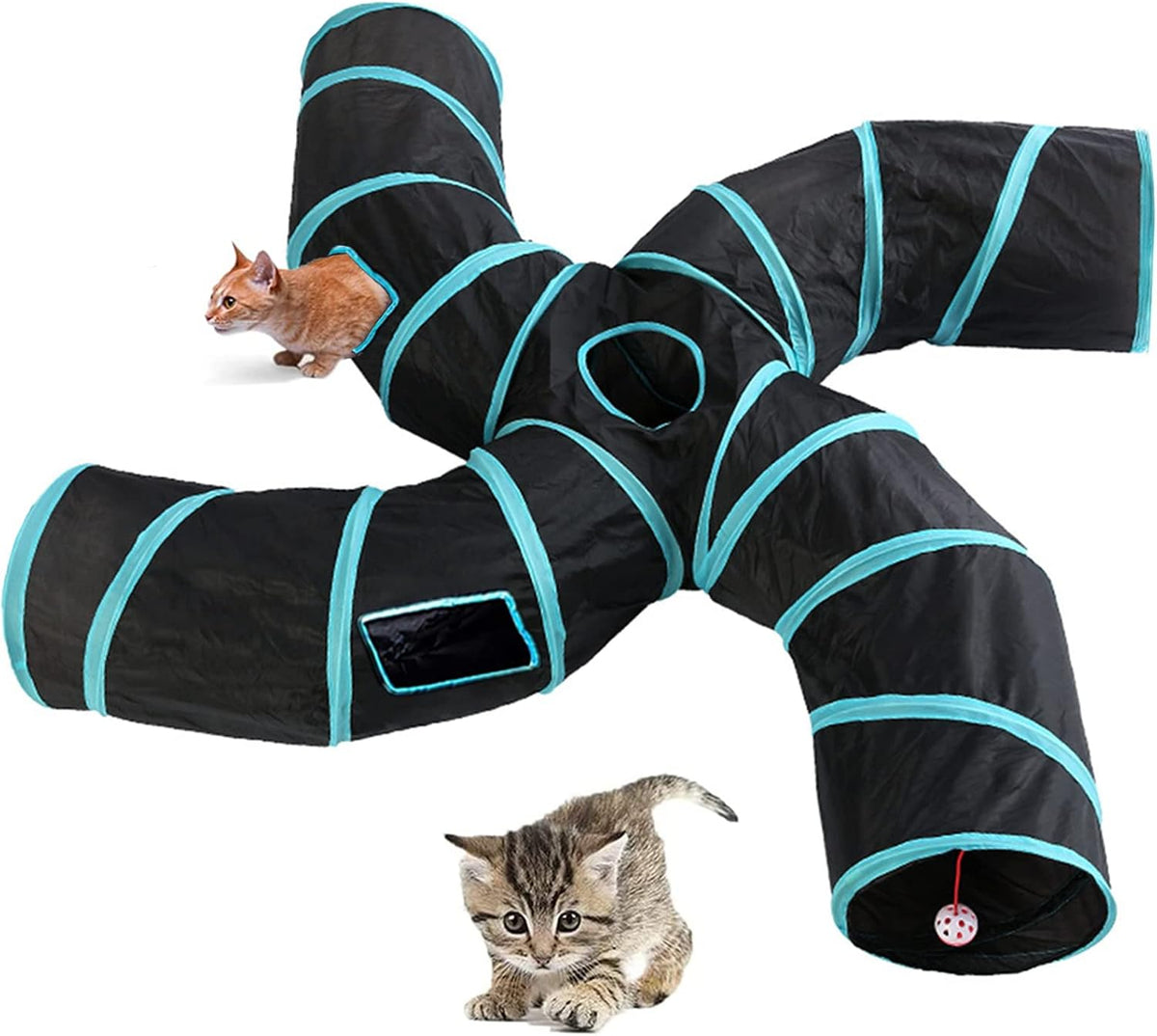Upgraded Cat Tunnel Toy with 5 peek-a-Boo Windows - 4-way Black