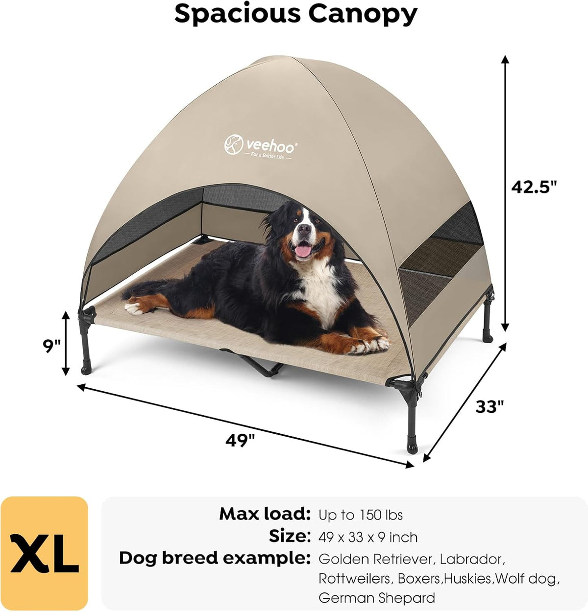 Veehoo Outdoor Dog Bed with Canopy - Beige Coffee / 49.0"L x 33.0"W x 42.5"Th - image 4