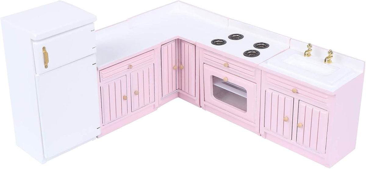 1:12 Scale Dollhouse Kitchen Furniture Set, Fridge, Sink - Brown