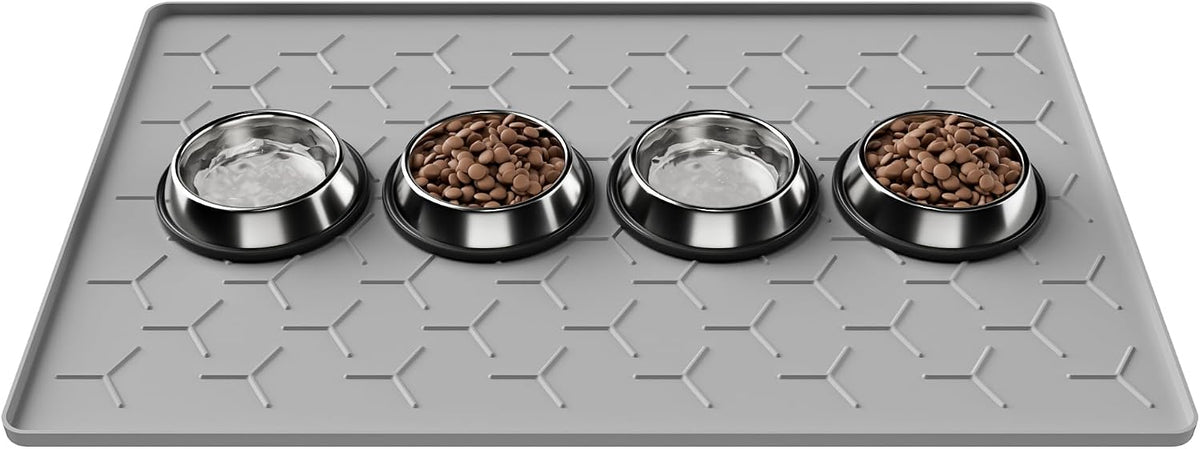 Pieviev Silicone Dog Cat Food Bowl Mat, Waterproof Raised Edge - L-34''X22'' / Light Gray
