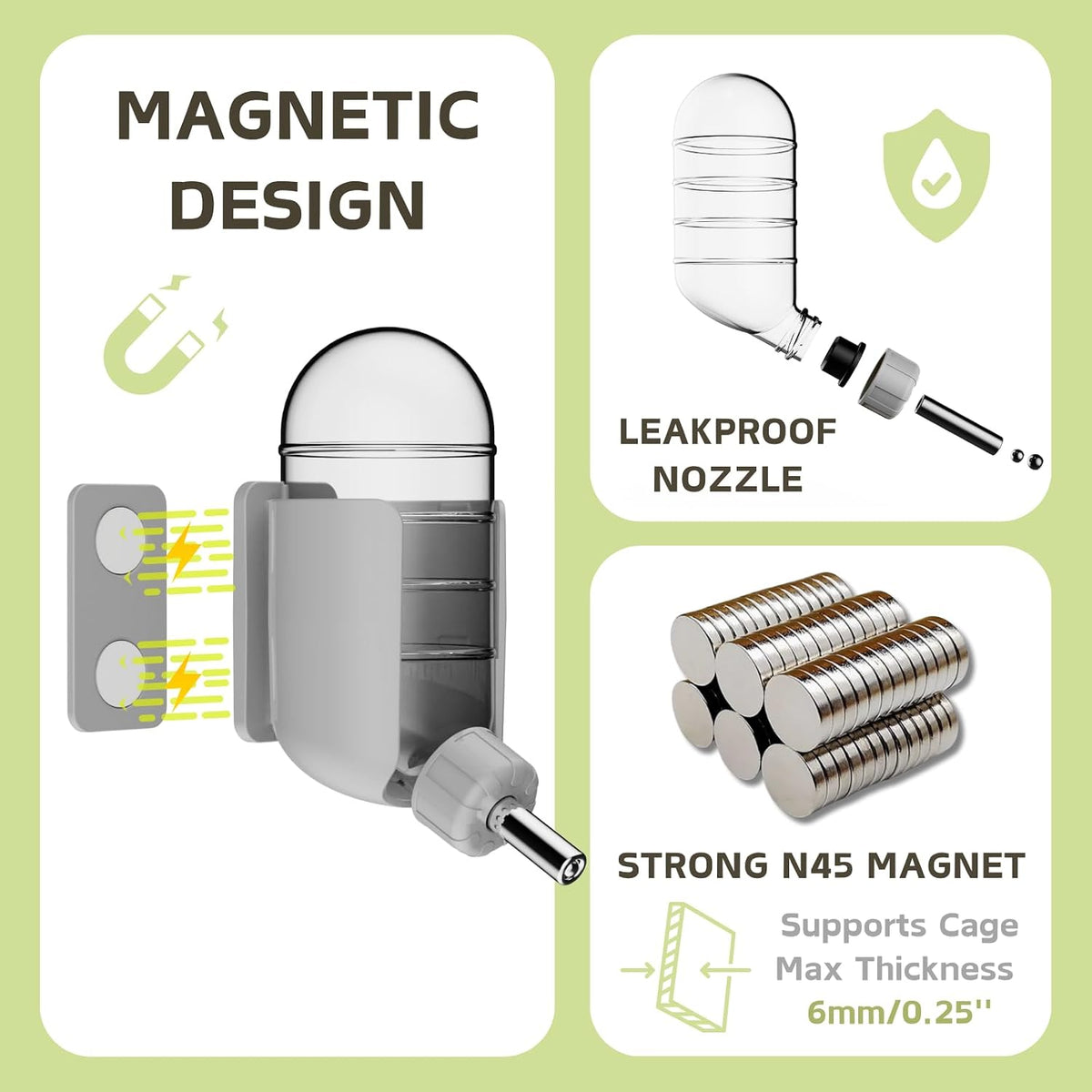 Hamster Water Bottle with Magnetic Holder - Grey / 4 oz (Magnetic-Mounted) - image 2