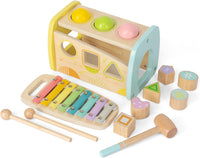 WOODENFUN wooden pounding toy with xylophone, hammer bench, balls and shape sorter