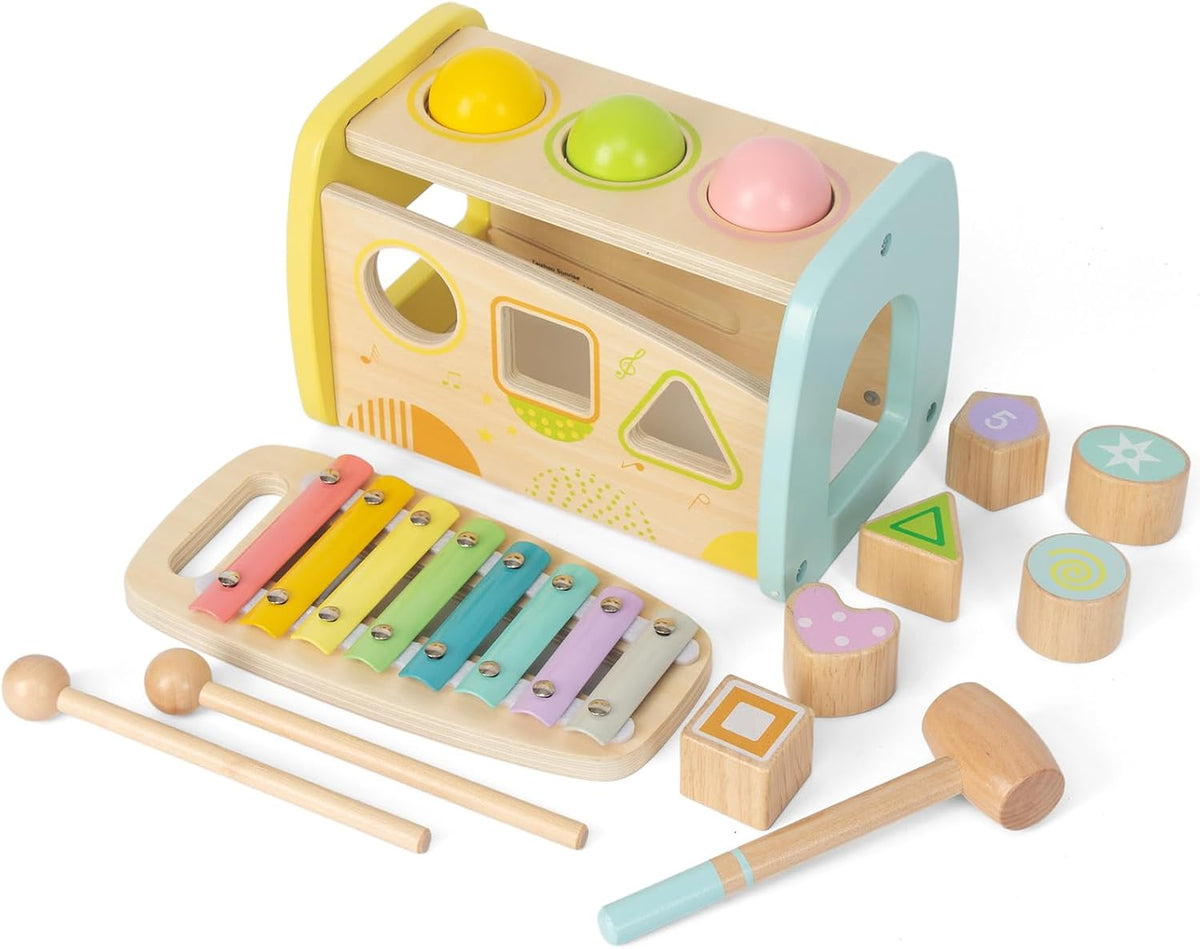 WOODENFUN wooden pounding toy with xylophone, hammer bench, balls and shape sorter