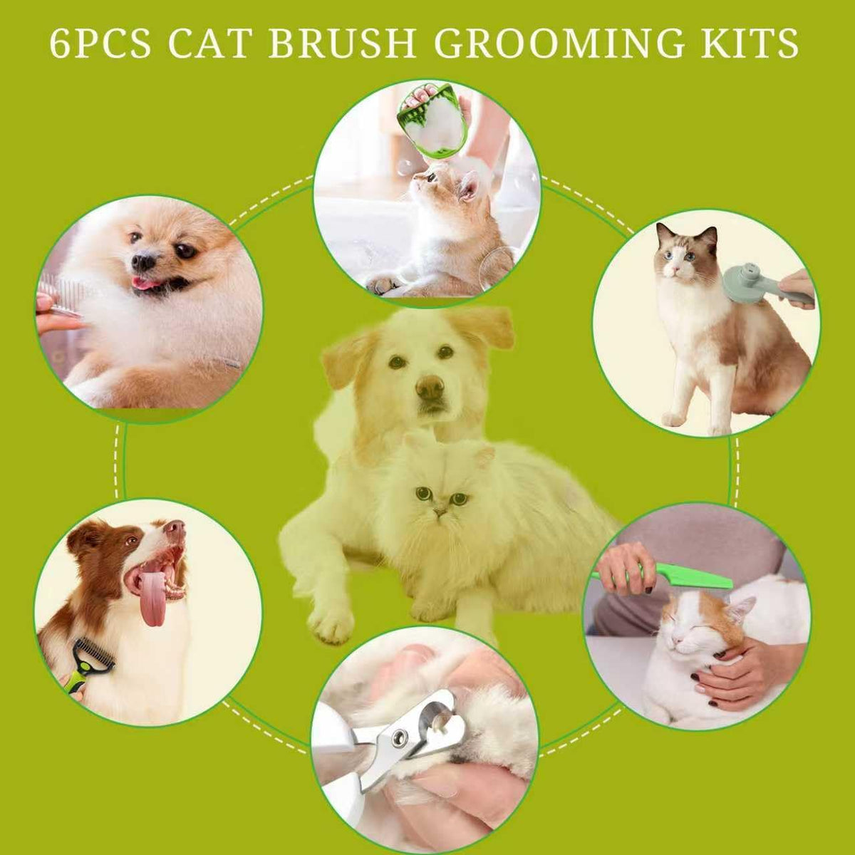 Cat Grooming Kit, 6-Piece Deshedding Brush Set, Pink – Essentials for Cats - Green - image 2