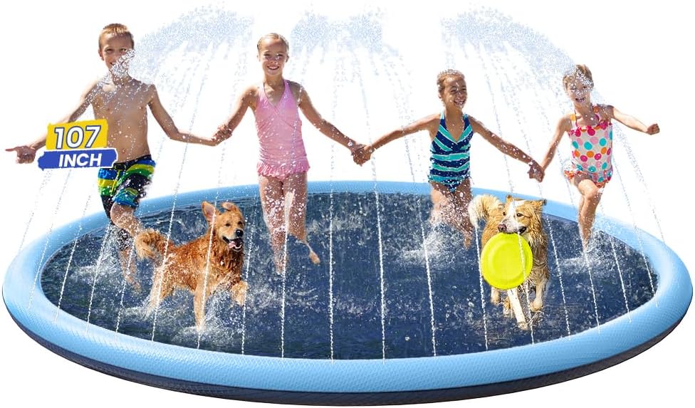 Splash Pad Non-Slip Dogs Cool Sprinkler Pool Extra Large Splash Pads – Fun for Kids & Family - 107 inch