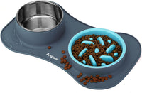 Slow Feeder Dog Bowls 3 in 1 Stainless Steel Food Water Bowl to Slow - Small ＆ Medium Breed / Light Grey