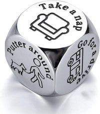 CYKARA stainless steel retirement decision dice with activities like take a nap and go fishing