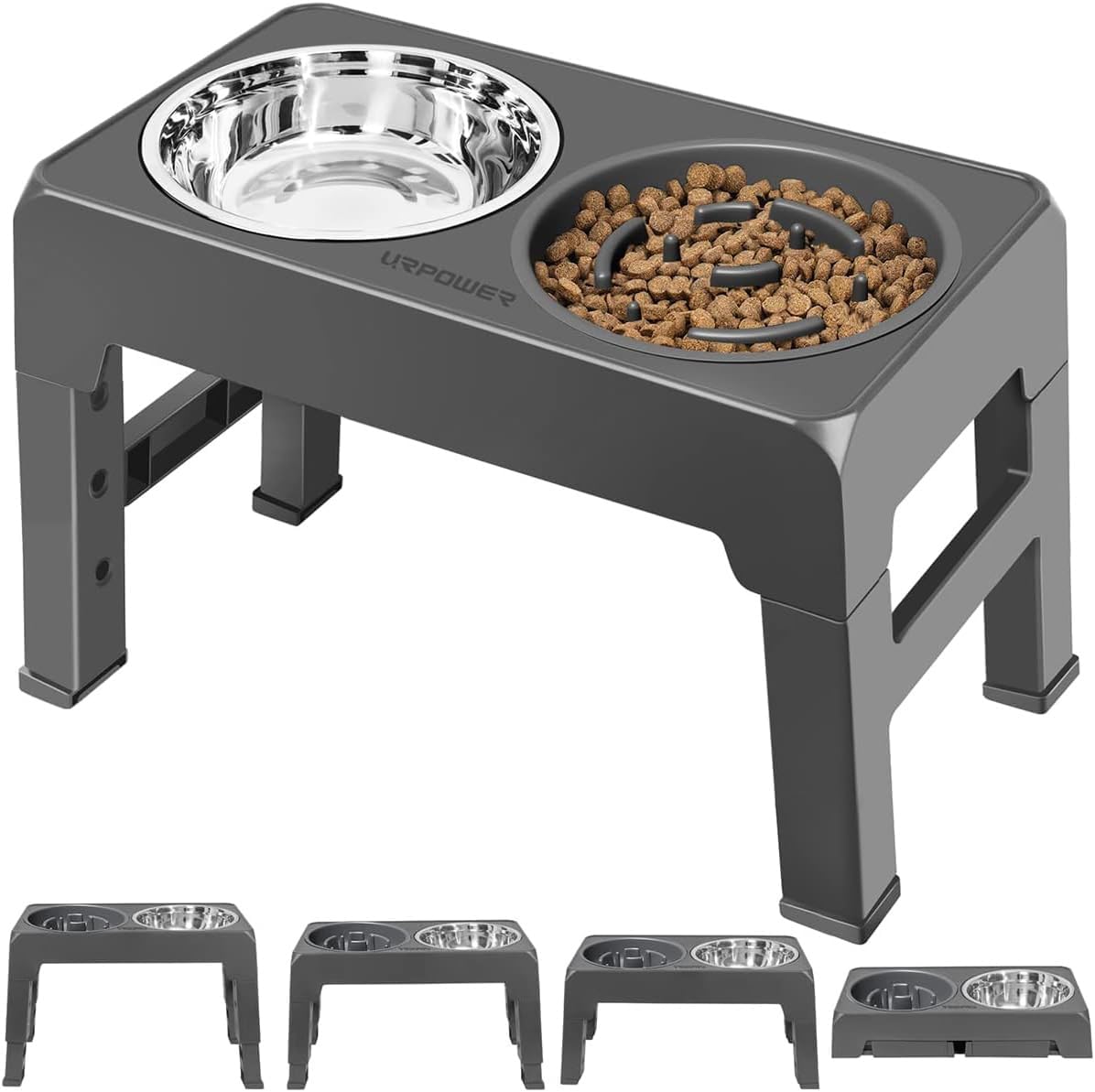 URPOWER Raised Dog Bowls 4 Height Adjustable Elevated Bowl Stand – Essentials for Dogs - Dark Grey