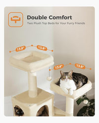 PAWZ Road 70 Inch Cat Tower, Tall Cat Tree with 2 Cozy Condos, 2 Plush Perch, Large Basket, 2 Scraching Pad & 6 Scraching Posts for Indoor Cats Large Adult, Beige
