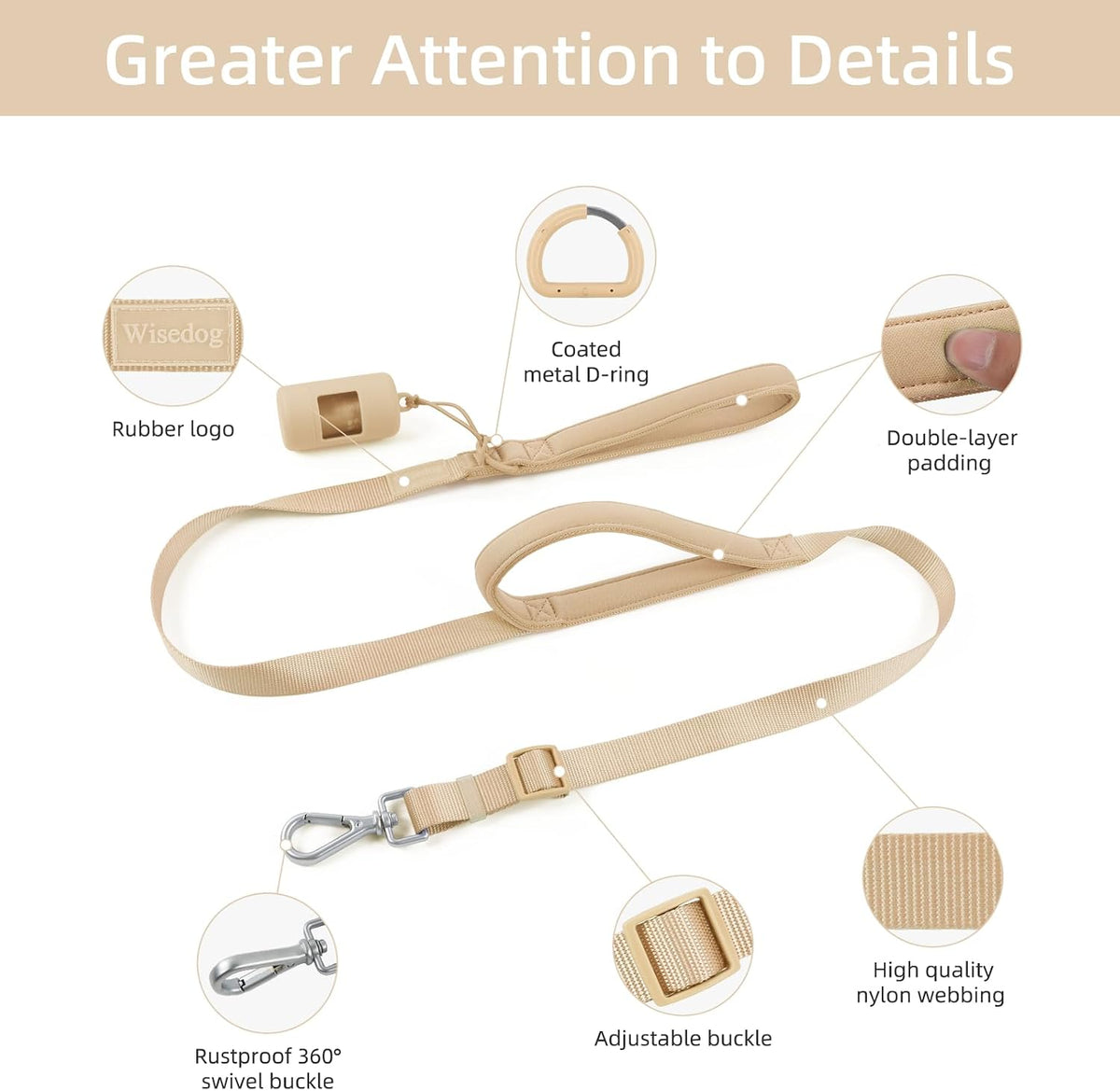 Wisedog Two Handles Dog Leash, Lilac - Sand Color / M - image 3