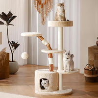 Unique Cat Tree for Indoor Cats,46‘’ Luxury Multifunctional Cat Tower with Natural Wood Scratching Post,Fur Cat Hammock and Viewing Platform,Funny Toy,Comfortable Cat Condo with Stable Cat Base