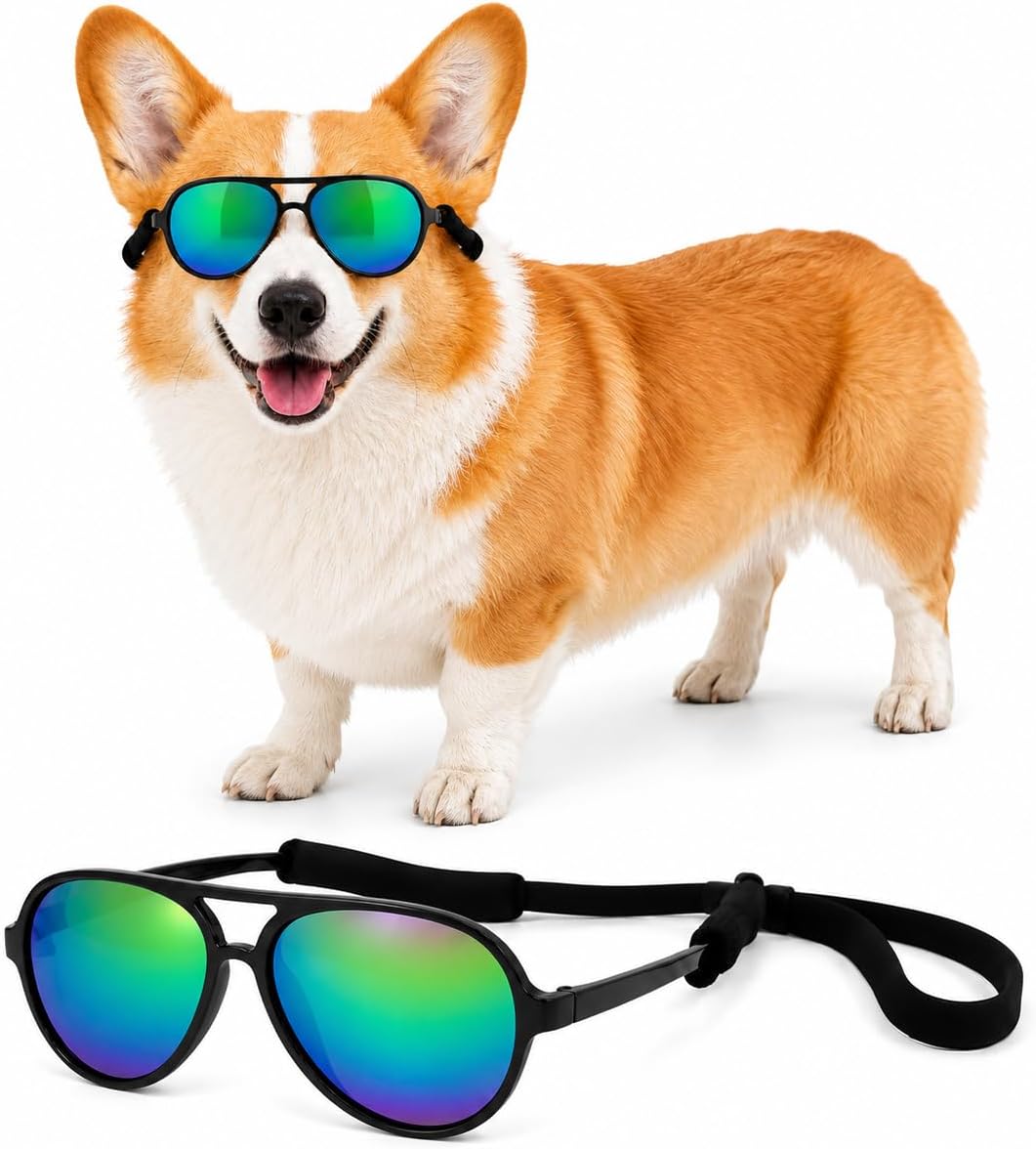 G010 Dog pet Costume Aviator Sunglasses for Medium Breeds – Essentials for Dogs - Black-rainbow mirror / uv400 - image 4