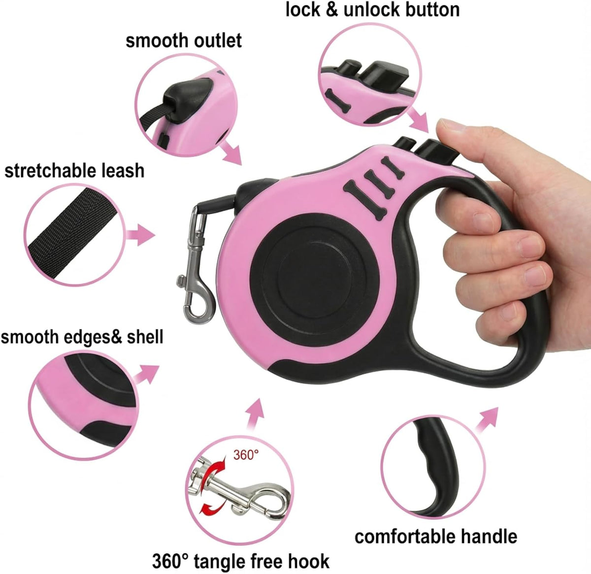 PETIMP Retractable Dog Leash Lightweight 16FT Leash Set – Essentials for Dogs - PINK - image 3