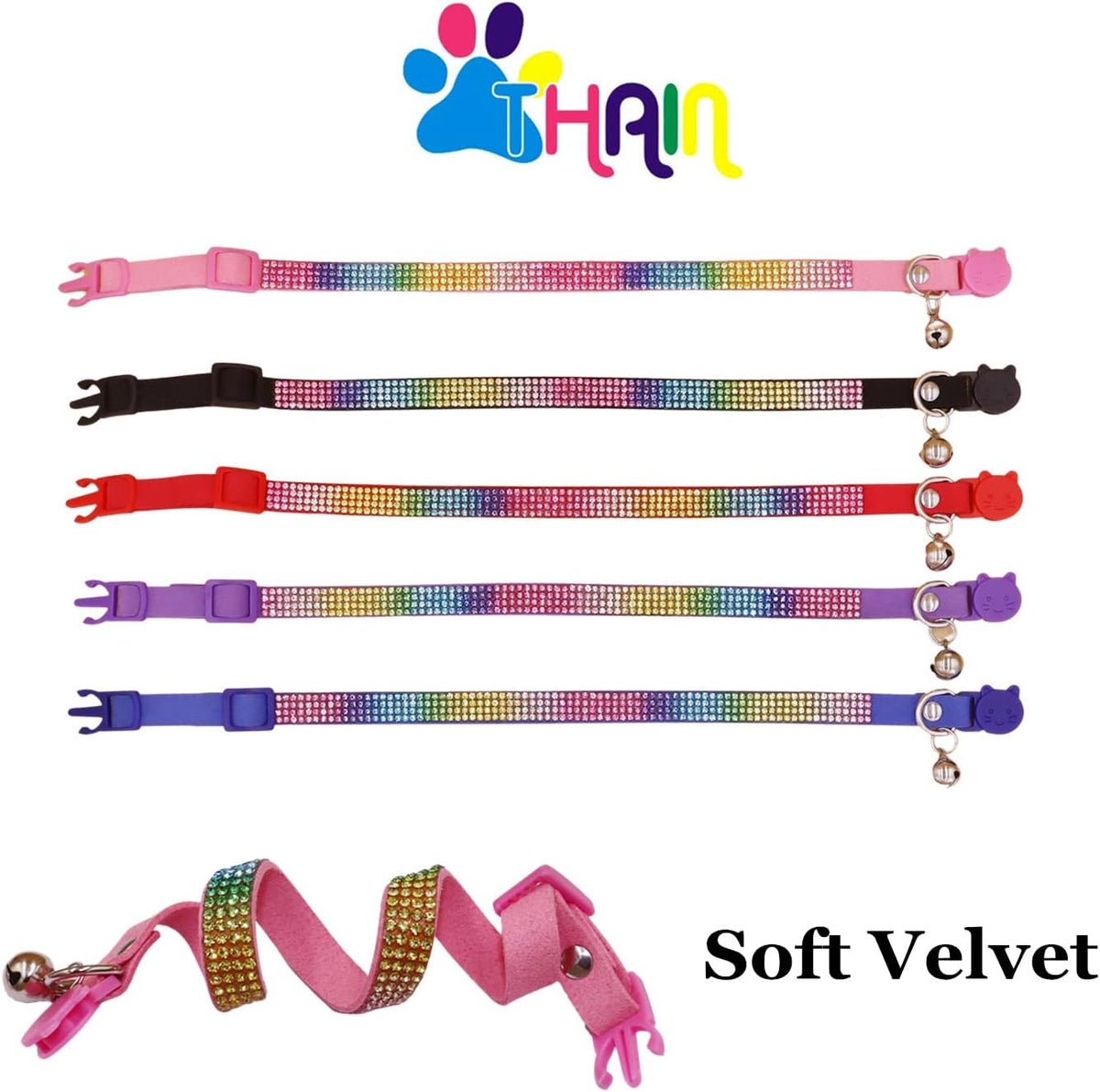 THAIN Basic Adjustable Cat Collar Bling Diamond Breakaway with Bell - Purple - image 4