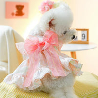 Pink Dog Dress for Small Dog Girl Spring Puppy Clothes with Bow Puff Sleeves Cat Outfit Doggy Princess with Leash Ring Doggies Harness Dress Summer Pet Apparel (Pink, X-Large)
