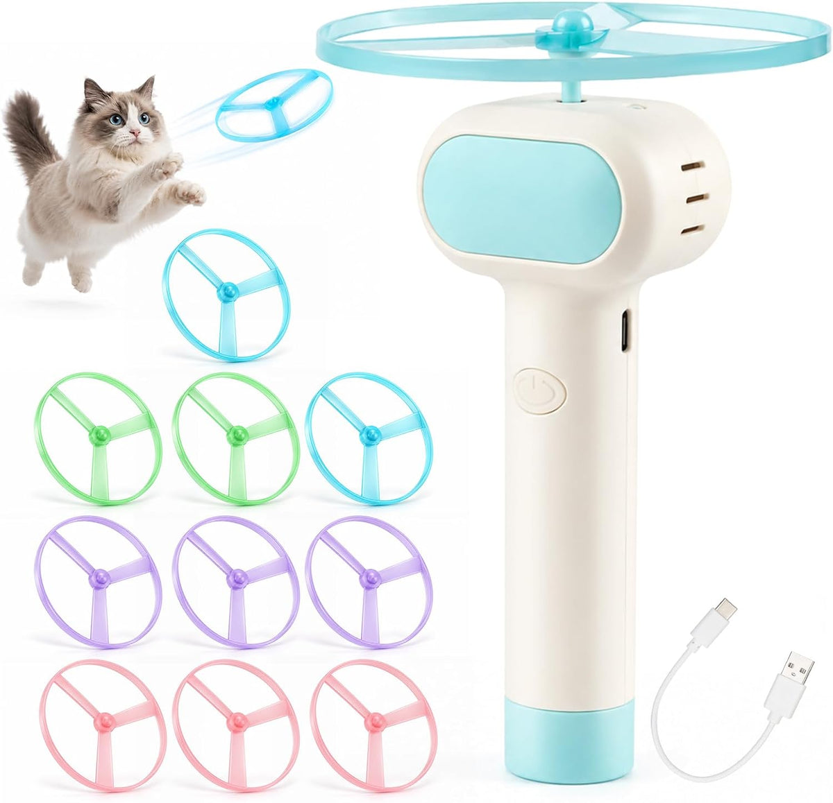 Cat Fetch Toy with Flying Disc Launcher - Blue + 10 Pcs Flying Discs