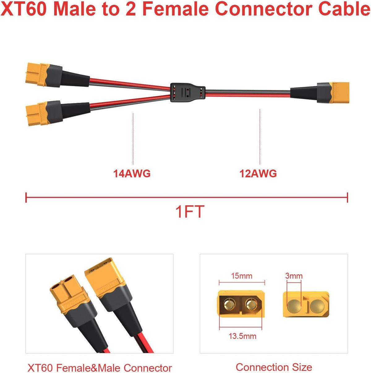 ELFCULB XT60 3 way splitter cable with 12AWG tinned copper wire, 1 ft long - view 11