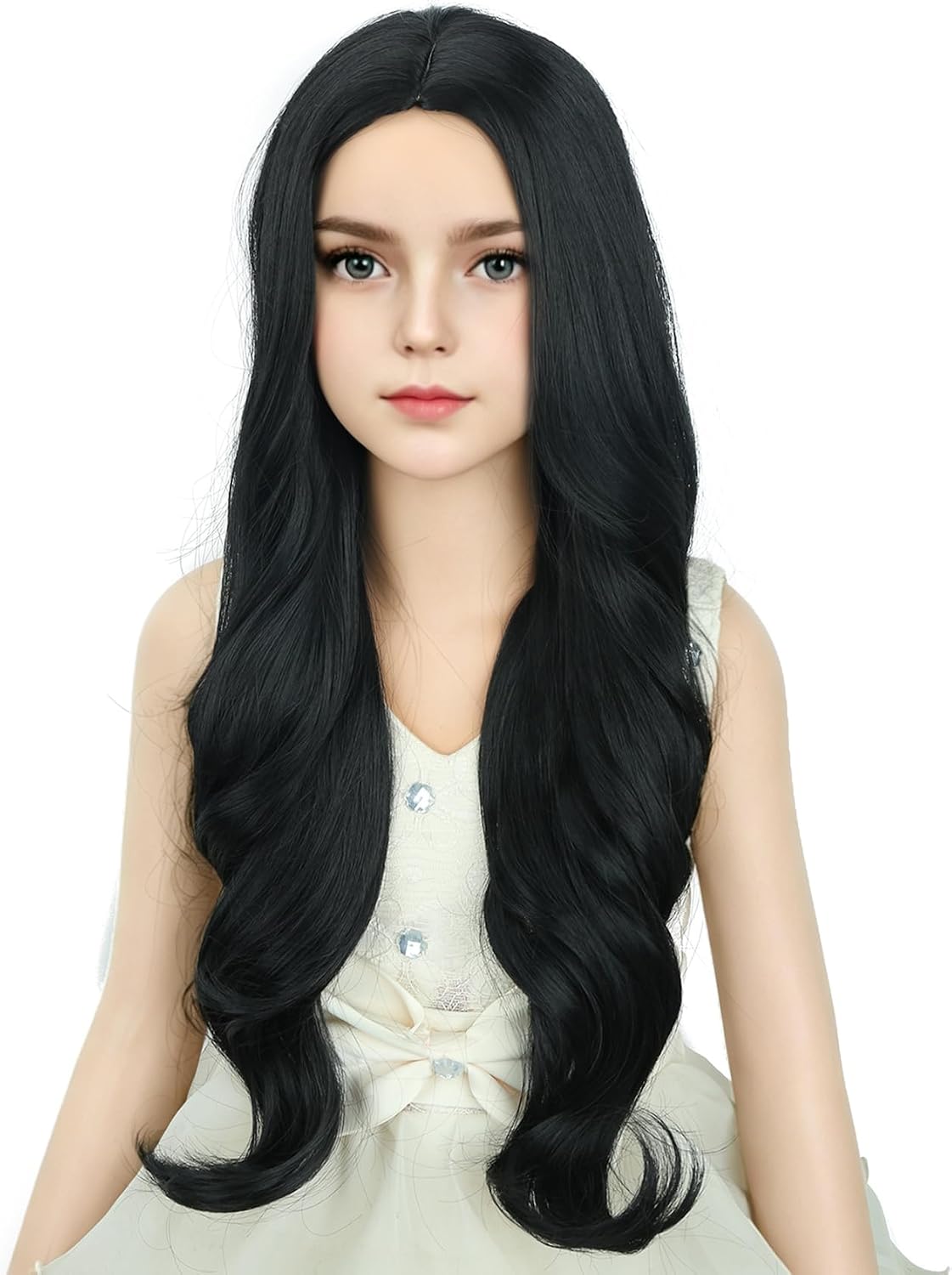 DUDUWIG long black wavy curly middle part wig for kids with wig cap - view 32
