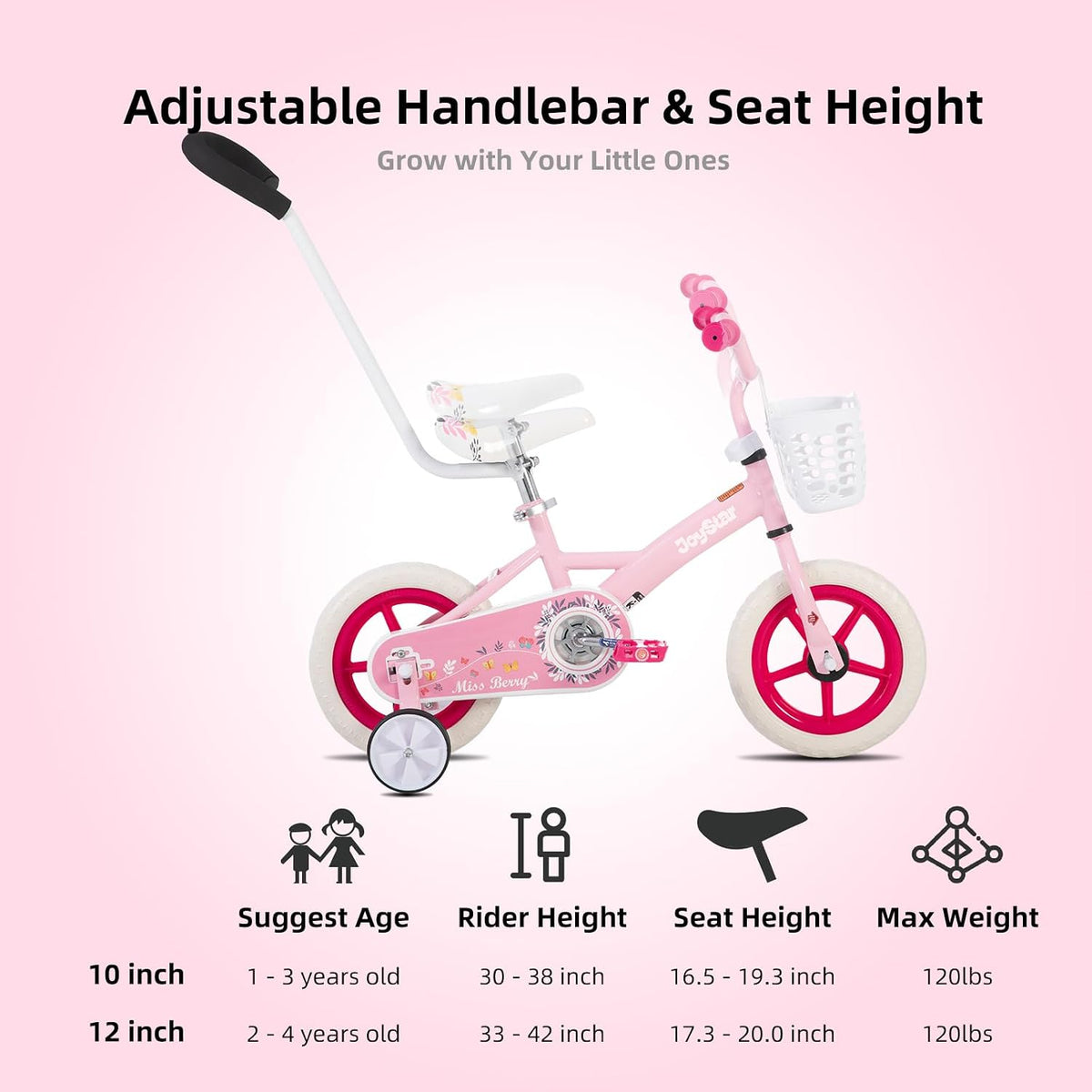 JOYSTAR 10" 12" 14" 16" Kids Bike for Boys and Girls Ages 1-7Y – Fun for Kids & Family - Pink / 10 Inch with Training Wheels - image 2