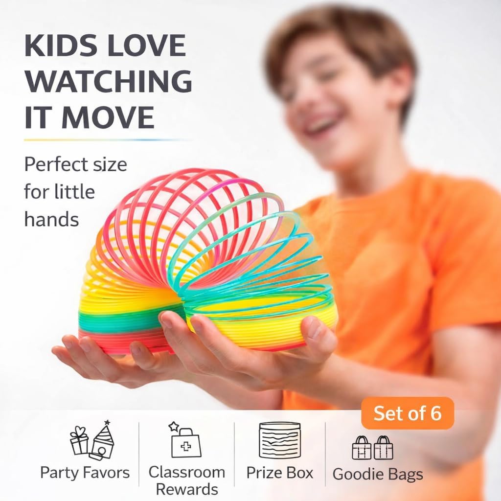 Liberty Imports 6 pack of large 4 inch rainbow coil spring toys in neon and glitter colors - view 2
